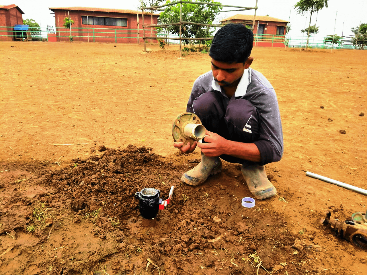 An Animal Rahat sanctuary staff member repairs the irrigation system.